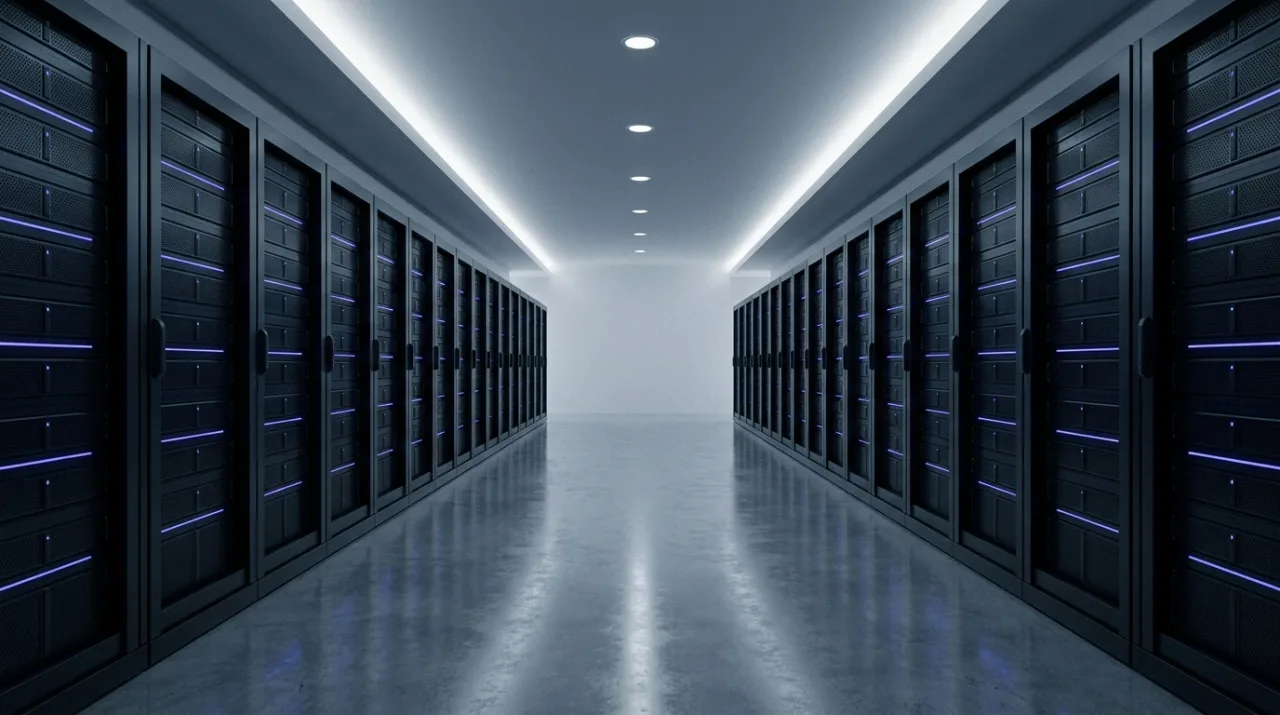 A Substrate data-center hall of dark server racks with indigo indicator lights.