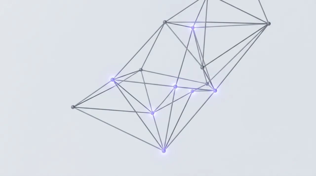 An abstract lattice of connected compute nodes with indigo-lit connection points.